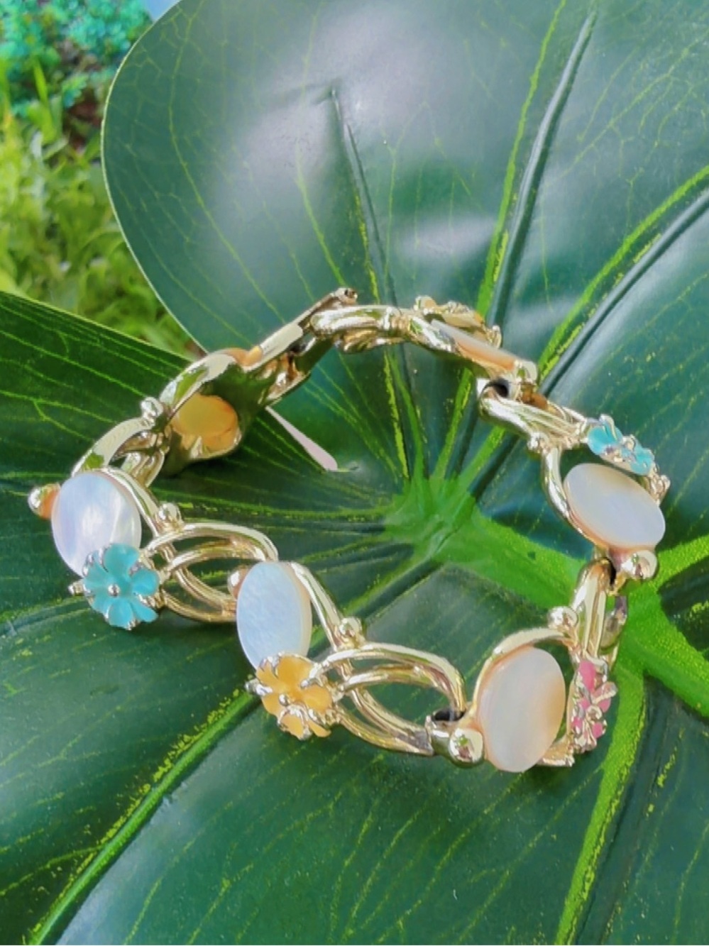 Gold Multi-Color Floral Opal-Link Bracelet